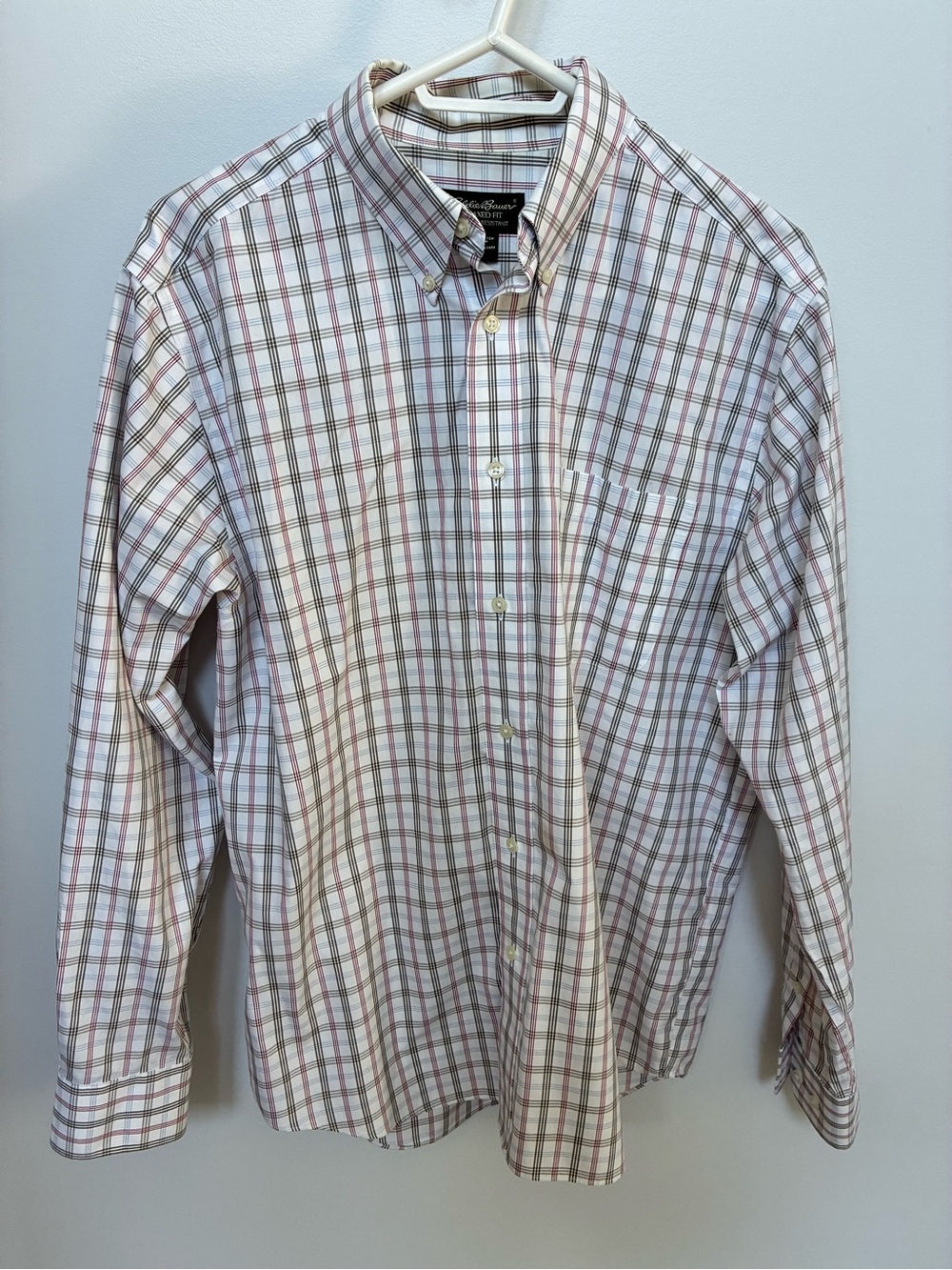 Eddie Bauer Men's White Button-Down Shirt with Red and Green Plaid Relaxed Fit
